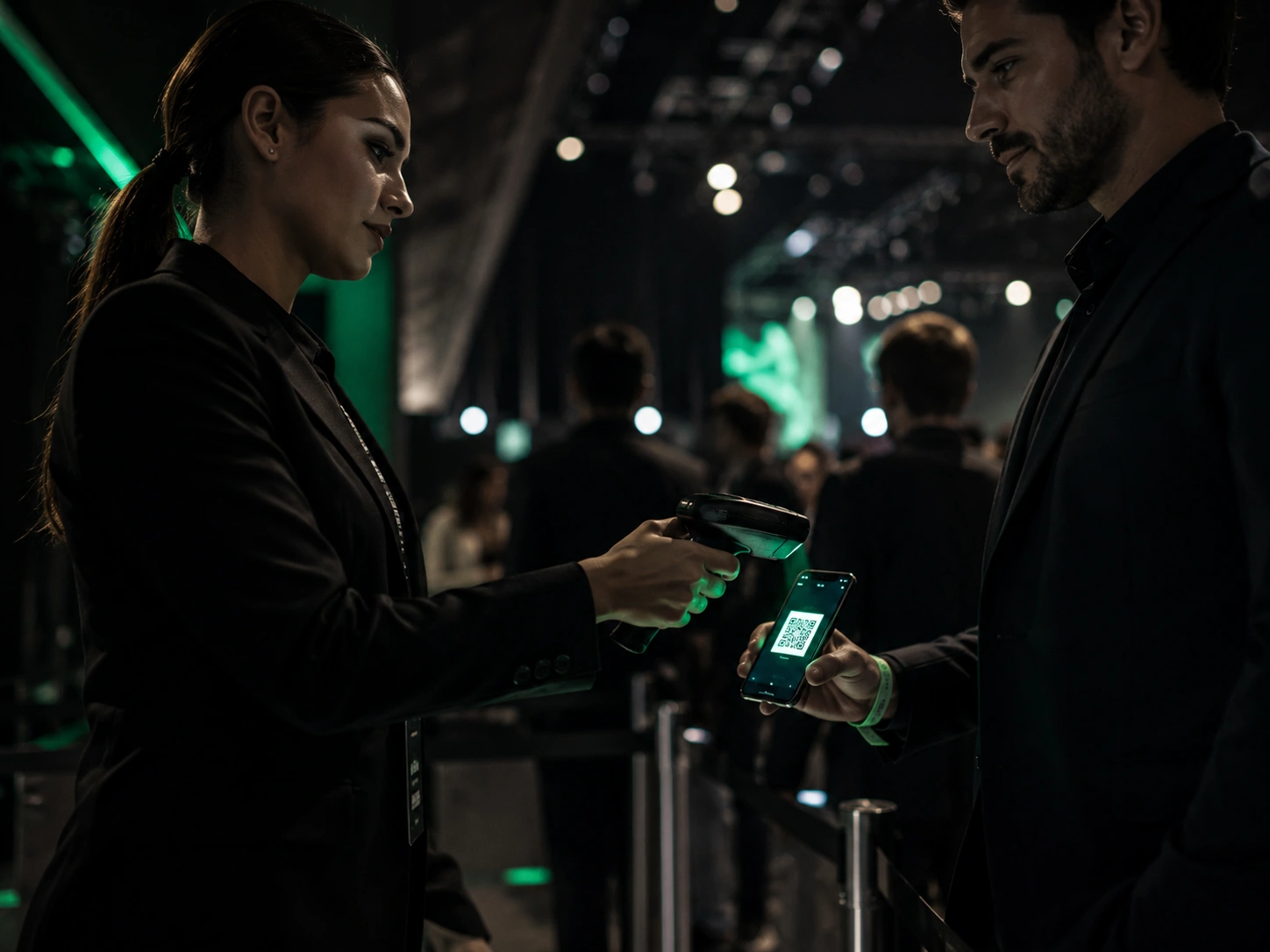 Una integrante del staff escanea el QR que un asistente muestra en su teléfono.