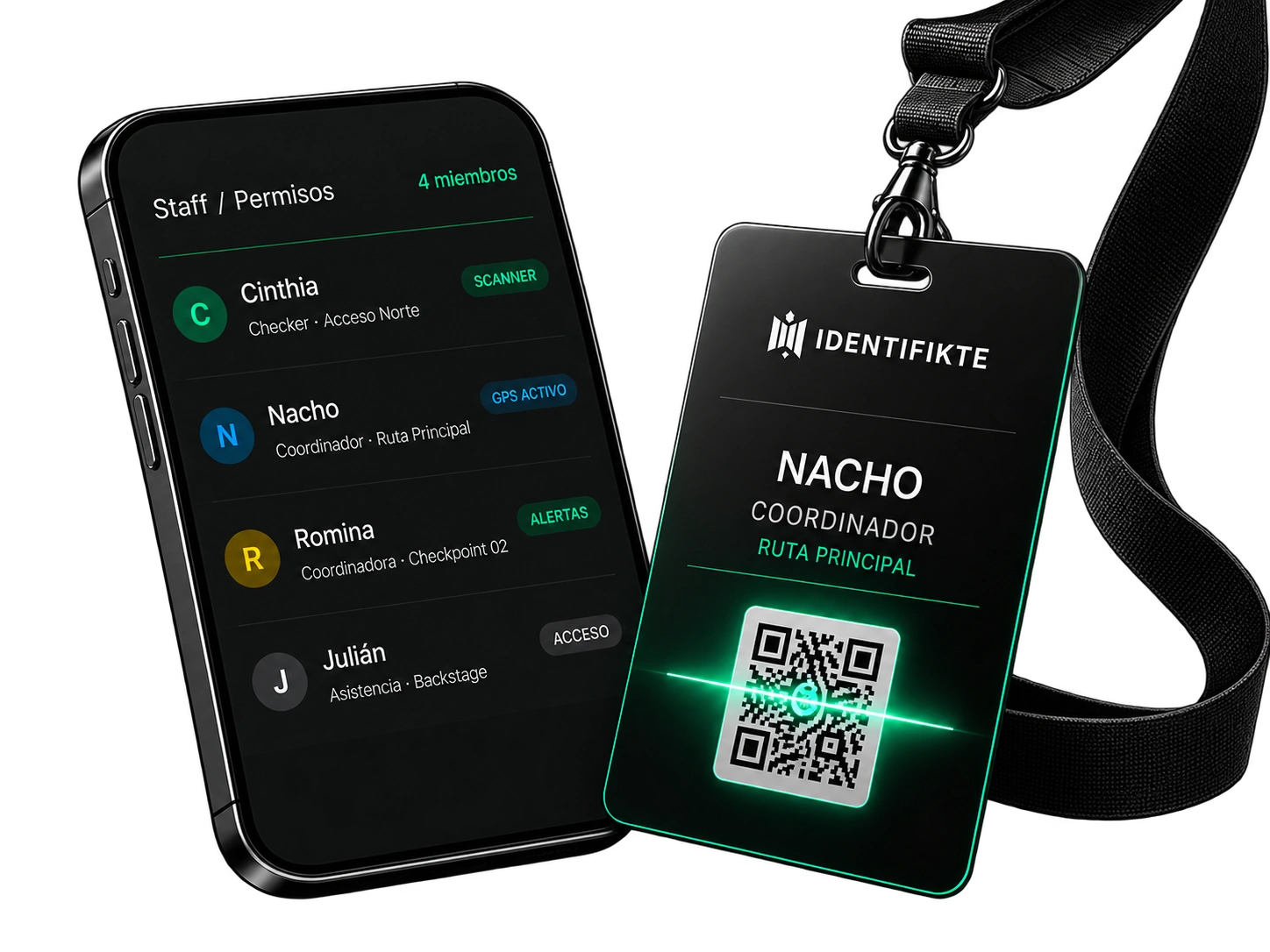 Teléfono con los roles y permisos de Cinthia, Nacho, Romina y Julián, junto a la credencial QR de Nacho, coordinador de la ruta principal.
